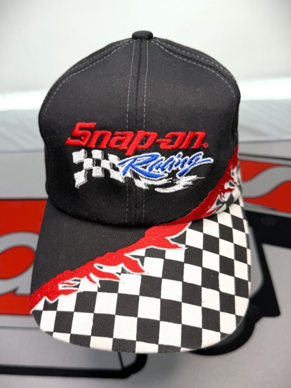Snap-on Racing Black/Checkerboard Flag/Flames Embroidered Logo Adjustable Cap